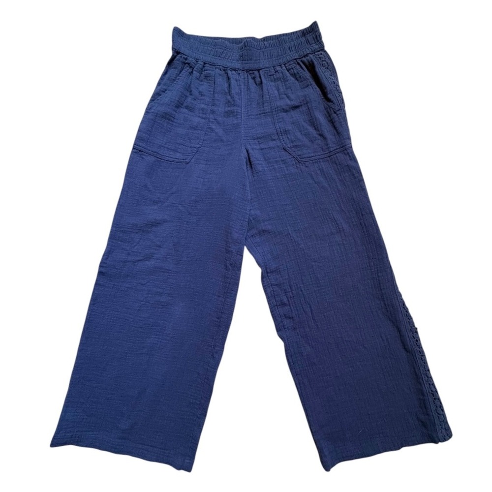 Aerie Womens Wide Leg Pants Size Medium Navy Blue Cotton Gauze Smocked Waist
